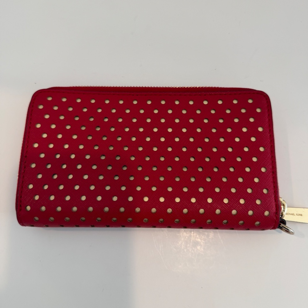 Michael Kors Red Zip Around Wallet With Gold Tone Polka Dots Multiple Pockets CC - Picture 2 of 6
